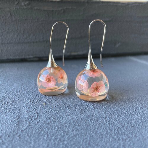 Pink flowers in resin spheres earrings real pressed flower jewelry 