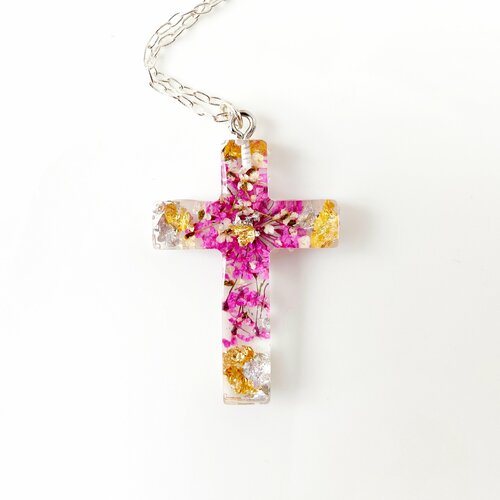 Collier croix croix en or avec des fleurs en bijoux en résine croix jésus memorial bijoux de mariée cadeau baptême pour son cadeau 
