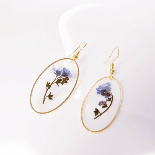 Bleu myosotis  boucles d'oreilles  de fleurs, bijoux de fleurs pressées, bijoux de fleurs bleues, cadeaux de noël pour mères