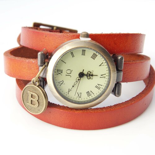 Montre personnalisée montre avec des initiales montre orange brûlé montre vintage montre pour femme montre à plusieurs tours