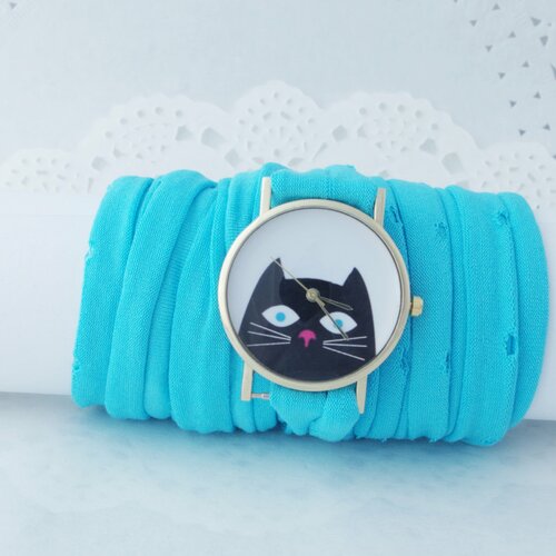 Montre à plusieurs tours montre bleue claire montre en tissu montre avec un chat montre pour femme