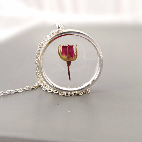 Collier argenté vraie rose rose séchée rose dans de la résine collier romantique collier pour elle 