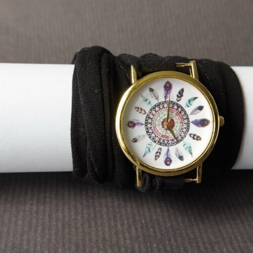 Montre à plusieurs tours montre en tissu montre noire montre avec des plumes montre pour femme cache tatouage