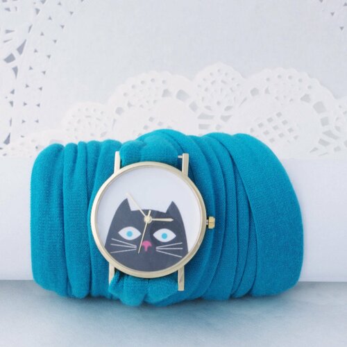 Montre à plusieurs tours montre bleue foncée montre en tissu montre avec un chat montre pour femme