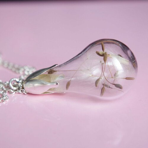 Collier avec un pissenlit collier terrarium cadeau de noël pour femme graines de pissenlit flacon de verre collier argenté
