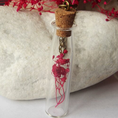 Bouteille en verre collier avec des fleurs rouges pendentif terrarium collier bronze véritable fleur bijou pour elle