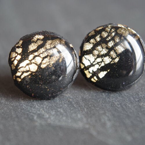 Black gold stud earrings or round round earrings polymer clay résine bijoux acier chirurgical post cadeau de noël pour elle