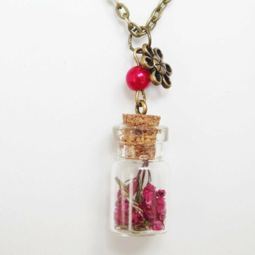 Collier avec de véritables fleurs fleurs roses bouteille en verre collier bronze bijou terrarium cadeau de noël