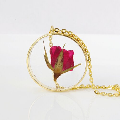 Collier doré vraie rose rose séchée rose dans de la résine collier romantique collier pour elle 