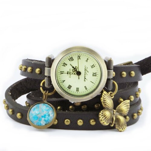 Bracelet foncé brun cadeau wrap montre bracelet en cuir bracelet vintage montre papillon femmes d’anniversaire pour ses cadeaux d’amitié