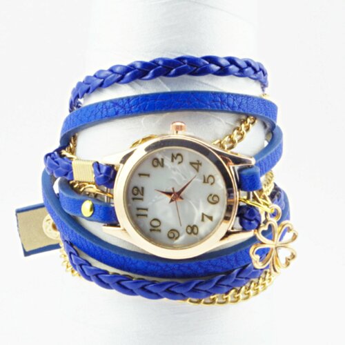 Montre bleue à trois tours montre pour femme montre dorée  avec un trèfle