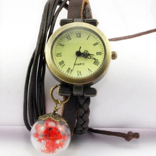 Bracelet montre vraie fleur rouge montre poignet fleurs en verre orb breloque montre pour femme bracelet montre vintage montre cadeau pour elle
