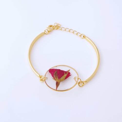 Bracelet en or véritable rose en résine pressée fleur bijoux de terrarium botanique nature boho bijoux cadeau de fête des mères pour femmes