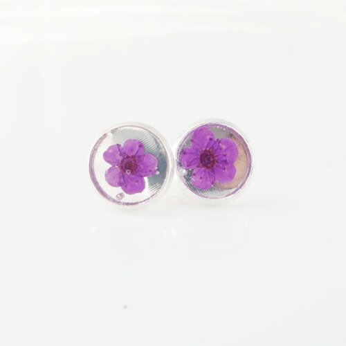 Boucles d'oreilles argentées fleurs violettes vraies fleurs petites fleurs fleurs séchées bijou terrarium