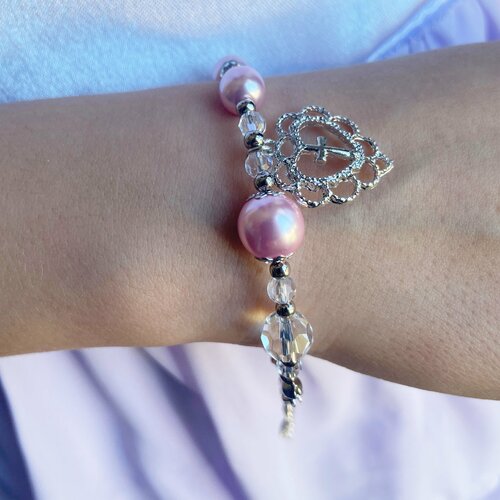 Première communion bracelet baptême fille cadeau perle rose bijoux petite-fille chapelet bracelet croix infantile bijoux