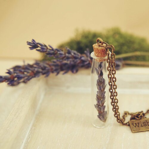 Collier argenté collier avec une bouteille  collier avec de la lavande bijou botanique vraies fleurs