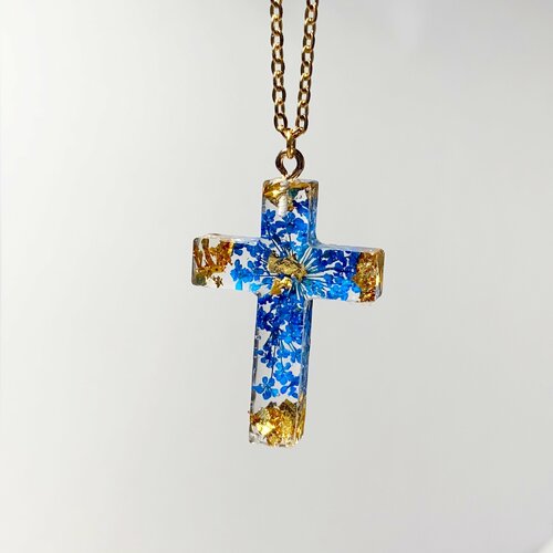 Croix chrétienne  avec des fleurs bleu collier religieux bijoux chrétien bijoux avec des fleurs 