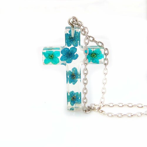 Croix chrétienne croix avec des fleurs bleues collier religieux bijou chrétien bijou avec des fleurs bleues