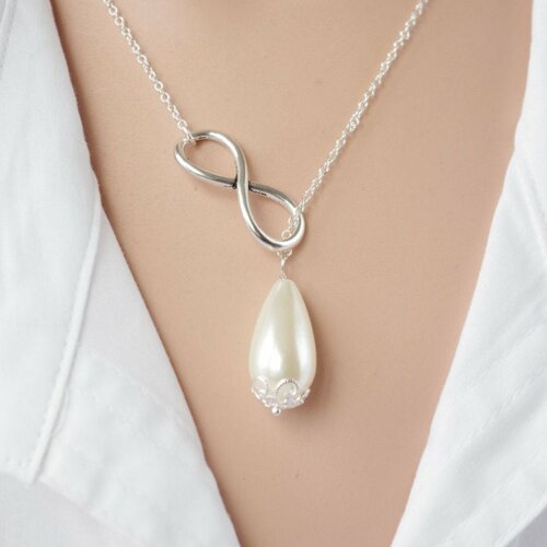 Eau perle lariat collier infinity bijoux mariage cadeaux bijoux de mariée cadeau pour son collier en argent cadeau de noël pour maman