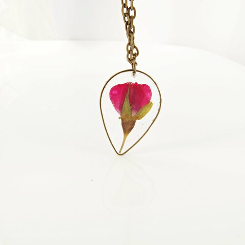 Collier bronze collier avec une rose vraie rose rose séchée collier romantique pendentif en forme de larme