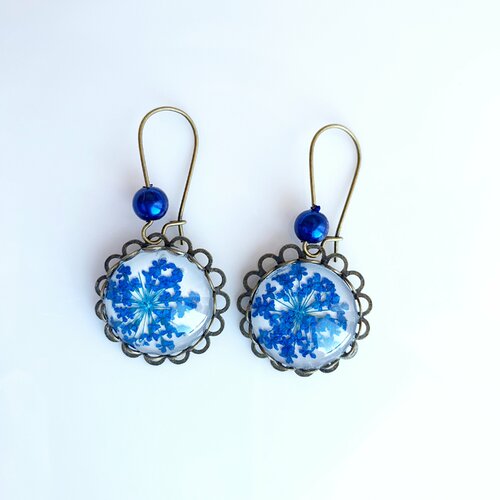 Boucles d'oreilles vraie fleur bijoux fleur bleue  pressée nature bijoux terrarium boucles d'oreilles botaniques en bronze