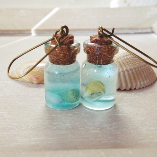 Boucles d'oreilles bouteille ocean coquillage en résine bijoux bijoux bouteille miniature boucles d'oreilles eau cadeau de noël