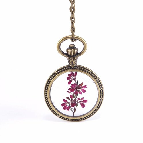 Collier bronze collier vintage collier avec des fleurs roses vraies fleurs collier horloge fleurs dans de la résine