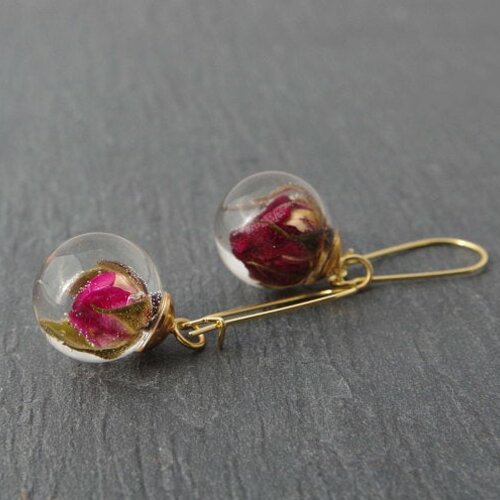 Boucles d'oreilles dorées vraies roses bijou terrarium roses séchées cadeau pour elle cadeau pour la fête des mères