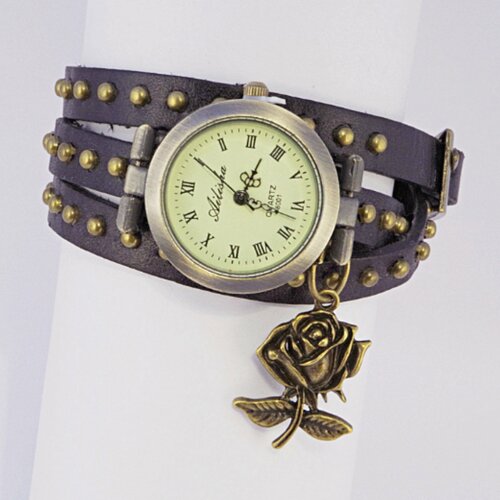 Bracelet montre bracelet en cuir brun montre en cuir montre vintage rose charme cadeau de noël pour les femmes