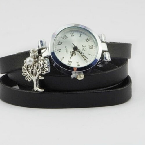 Montre noire montre à plusieurs tours montre pour femme montre avec un arbre montre avec une perle