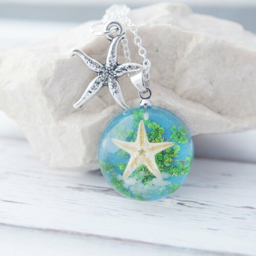 Collier nautique collier avec une étoile de mer pendentif océan collier en résine vraie étoile de mer collier bleu