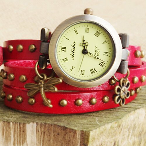 Montre-bracelet rouge montre-bracelet trois laps montre-bracelet filles regarder longue bande montre  cadeau de noël 