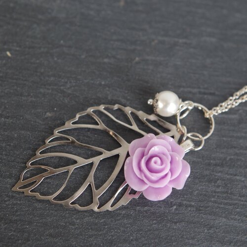 Filigrane feuille collier personnalisé bijoux initiale demoiselle d'honneur collier de perles rose  fleur cadeau de fête des mères pour elle