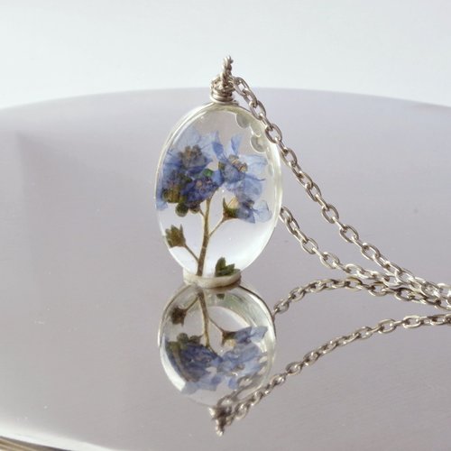 Myosotis le collier de fleurs pressée à sec bijoux de fleur bleue fête des mères cadeau de noël pour maman