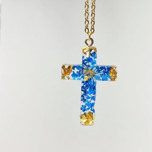 Croix chrétienne avec des fleurs bleu collier religieux bijoux chrétien cadeaux pour bapteme 