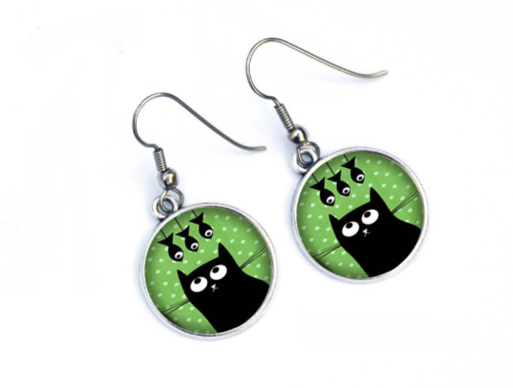 Boucles D Oreilles Humour Chat Noir Et Poissons Un Grand Marche