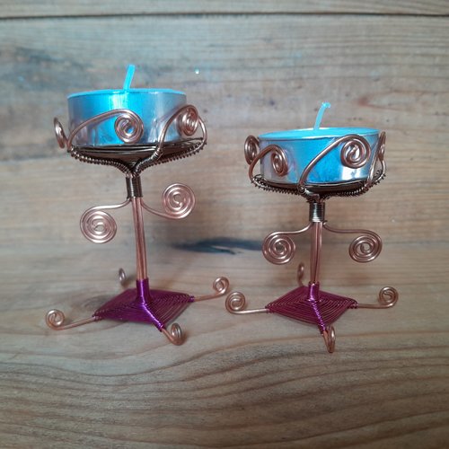 Bougeoir "double couleur" en cuivre et tissage en cuivre coloré bronze et fuchsia.