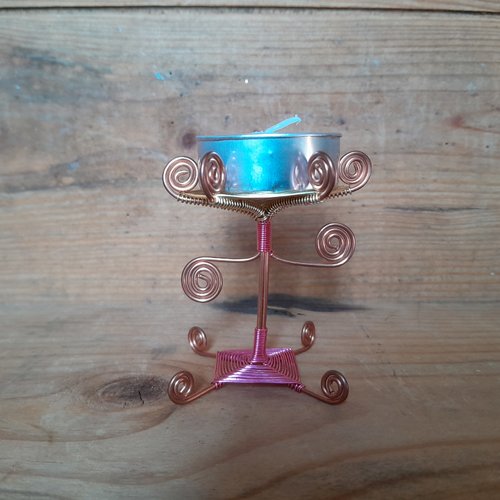Bougeoir "double couleur" en cuivre et tissage en cuivre coloré doré et rose.