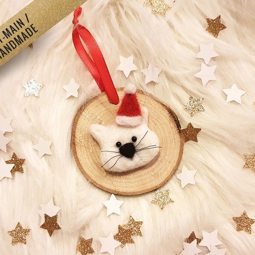 Decoration Sapin De Noel Naturel Chat Fait Main Bois Et Laine Feutree A L Aiguille