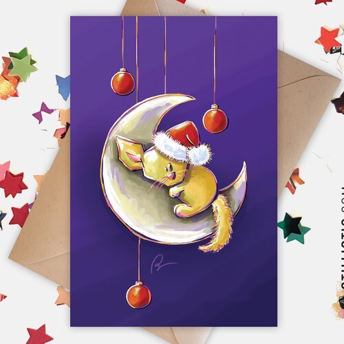 Carte De Voeux Noel Nouvel An Fetes De Fin D Annee Fennec Lune Et Boules De Noel Un Grand Marche