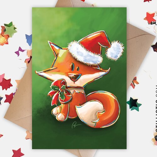 Carte De Voeux Noel Nouvel An Fetes De Fin D Annee Renard Et Bonnet De Noel Un Grand Marche