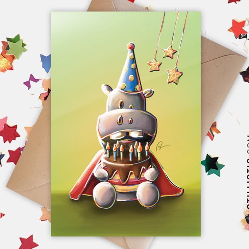 Carte De Voeux Amitie Anniversaire Hippopotame Super Heros Et Gateau Un Grand Marche