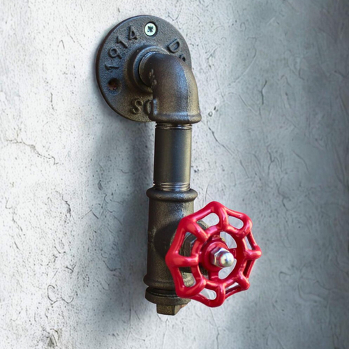 Patère industrielle avec vanne rouge – crochet mural en fonte – porte manteau original – déco loft