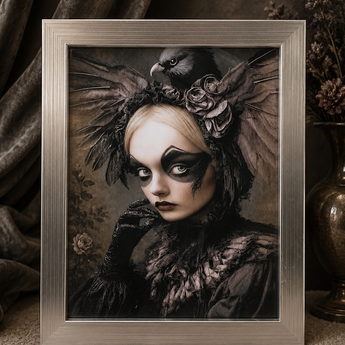 Portrait gothique victorien – dame élégante et perroquet exotique – cadre décoratif vintage