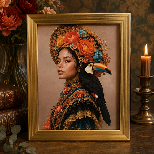 Cadre décoratif doré 15 x 20 cm – femme victorienne et toucan exotique