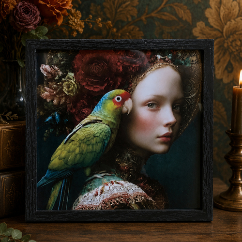 Cadre décoratif noir 22 x 22 cm – portrait victorien et perroquet exotique