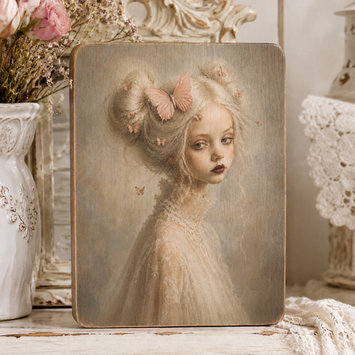 Portrait féminin aux papillons sur plaque en bois – 15 x 20 cm fait main