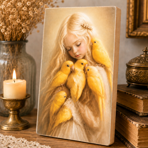 Jeune fille aux oiseaux jaunes – plaque décorative en bois 12 x 17 cm – fait main