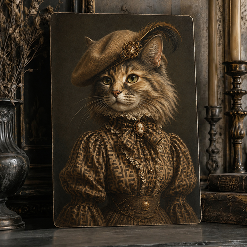 Tableau décoratif chat portrait victorien sur bois – style shabby chic / cottagecore