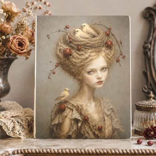 Petite portrait féerique de jeune femme – tableau sur bois mdf – style romantique vintage